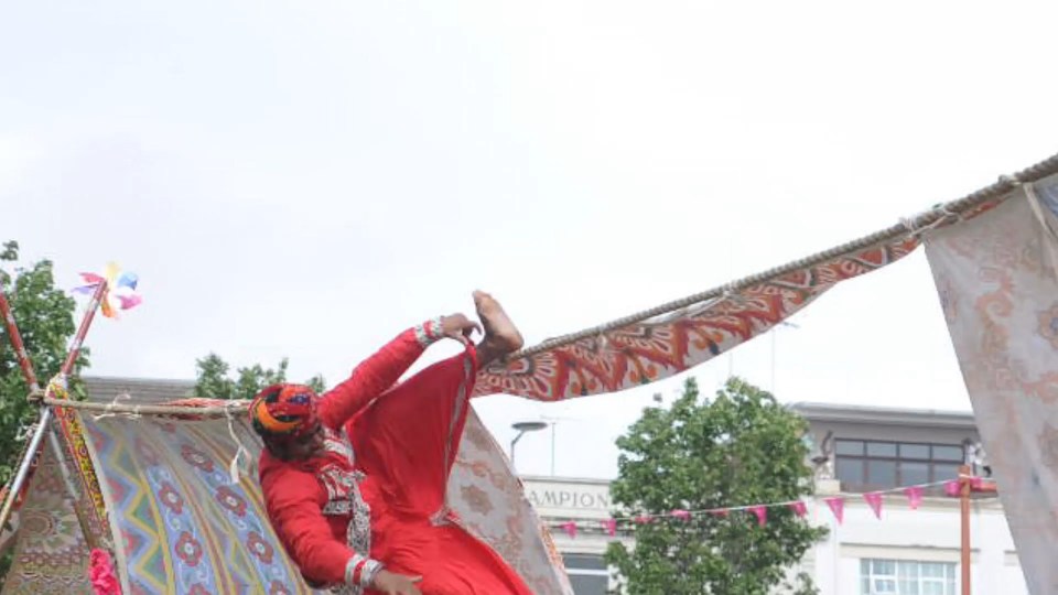  Video footage captured the moment the acrobat came tumbling off the rope in high winds