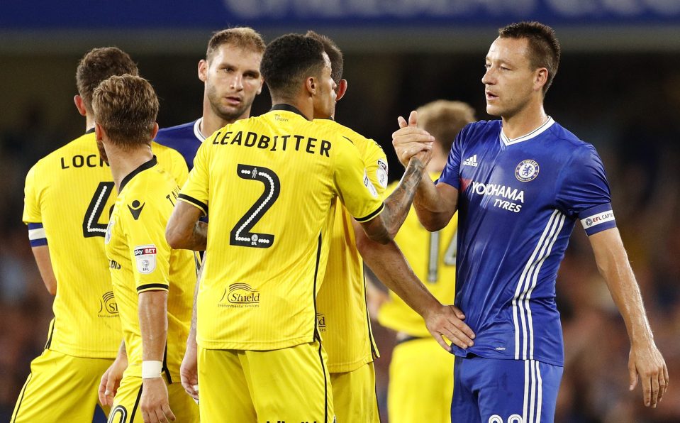  Terry shakes hands with Bristol Rovers players after Blues won 3-2 in the EFL Cup