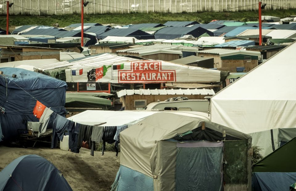 A makeshift restaurant in the so-called "Jungle" migrant camp