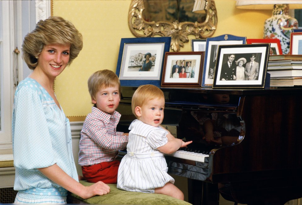  Diana, Princess of Wales with her sons, Prince William and Prince Harry, at the piano in Kensington Palace