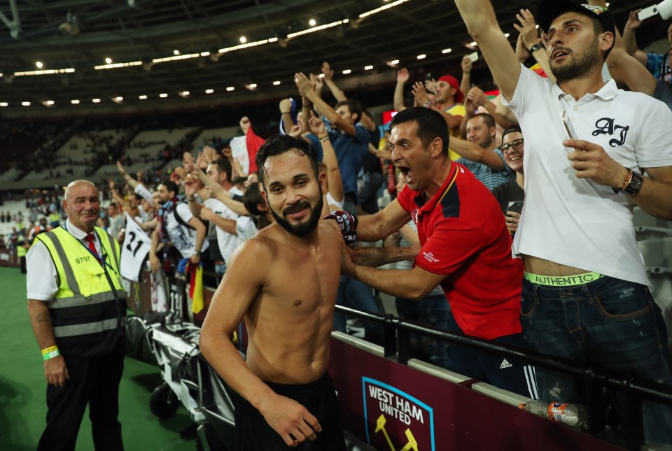  Junior Morais celebrates with the Astra Giurgiu fans at the London Stadium