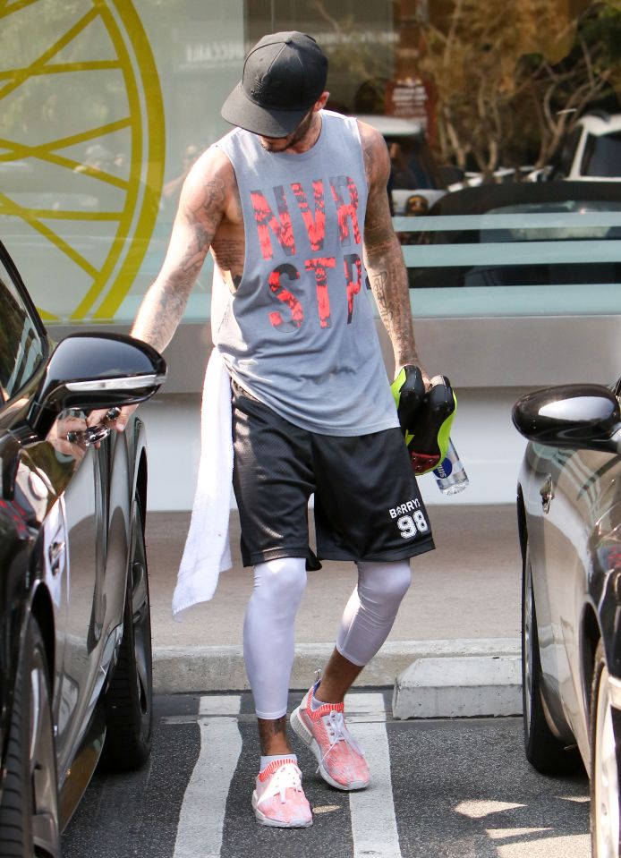  David Beckham’s tattoos were on full display as he left his favourite Soul Cycle class in LA on Thursday