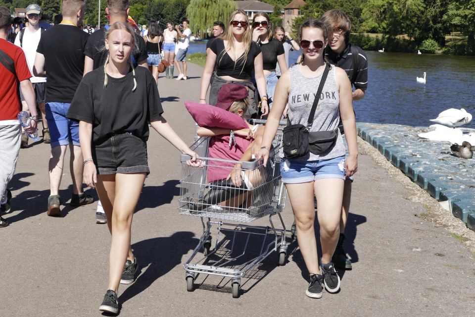  This festival-goer already looks worse for wear as she arrives in a shopping trolley