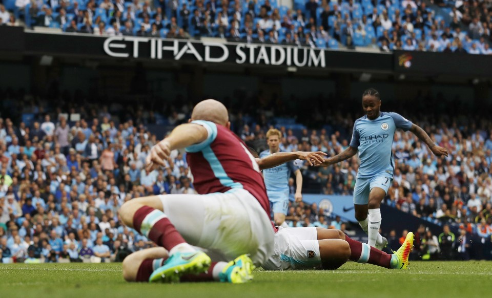  Raheem Sterling left West Ham players on the deck as he spanked home the opener for Man City