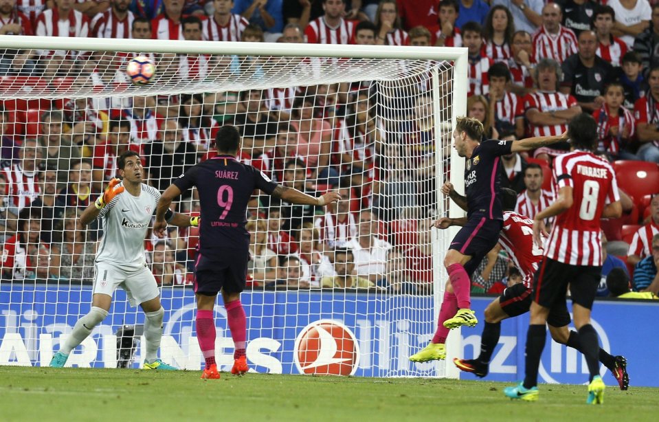  Ivan Rakitic leapt highest in the Bilbao box to head home the opener