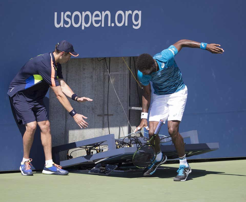 Monfils was just inches from having his foot crushed by the clock