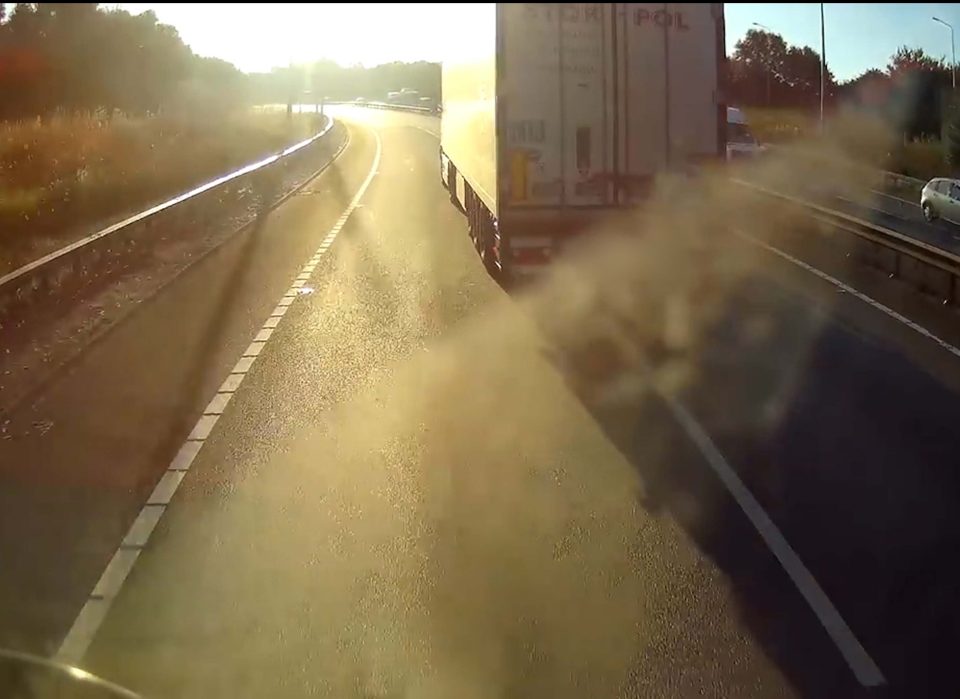  The jaw-dropping footage shows the Polish-reg HGV straddling two lanes at various points, careering across from the outside lane into a slip-road on the A12 in Essex