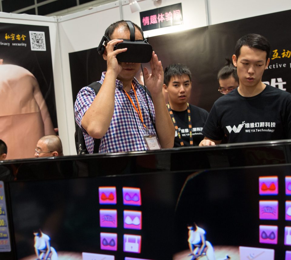 A visitor plays on a virtual reality headset