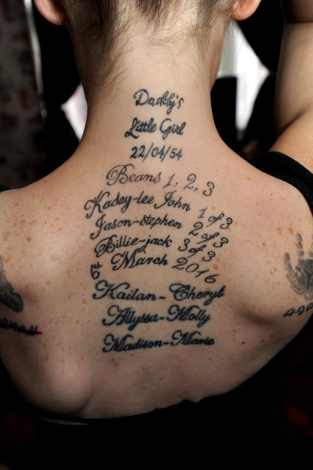  Kirty has all of her children's names tattooed on her back