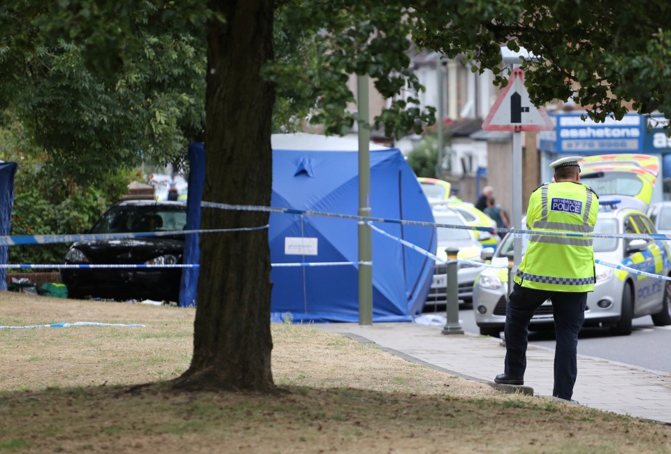  Cops work at the scene where a fleeing vehicle collided with two pedestrians in south London