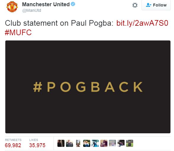  The tweet that United sent out an hour before kick off