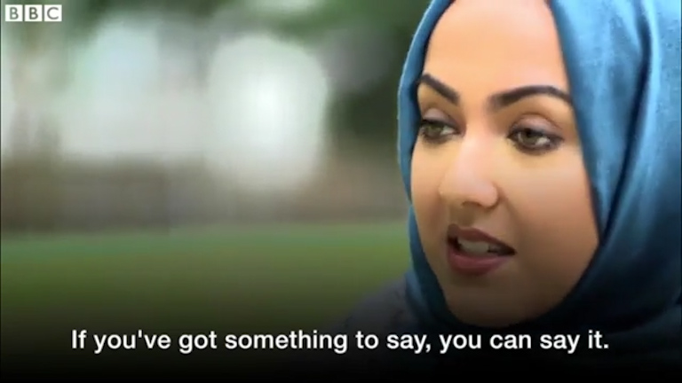  Ruqaiya confronts the man after she hears him say: 'There's no Sharia law here'