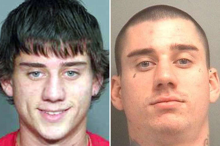  The 18-year-old's first mugshot in 2009 shows him fresh-faced without a tattoo in sight (left) and every time he was back at the police station, he would boast a new tat (right)