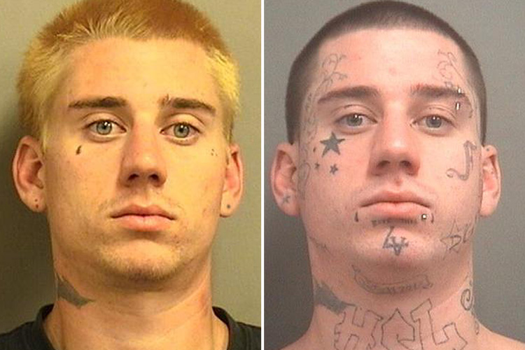  He added a teardrop and bleached his hair in 2013 (left) before adding multiple inkings later for his next mug (right)