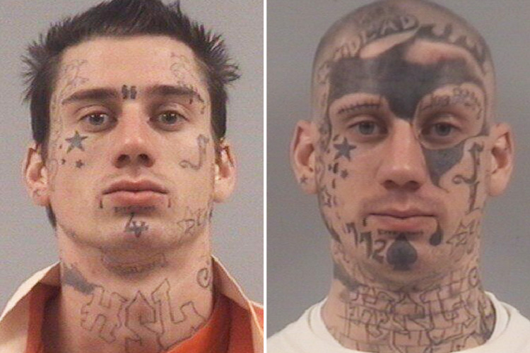  In 2013, Hardister added artwork including a star under his right eye and lettering on his neck, left cheek and chin (left) and by the end of 2014, thick black ink started appearing on his forhead (right)