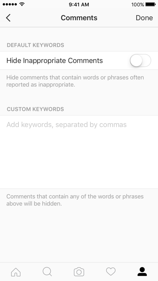  This is the screen iPhone users will see if they decide to censor certain words from their Instagram comments