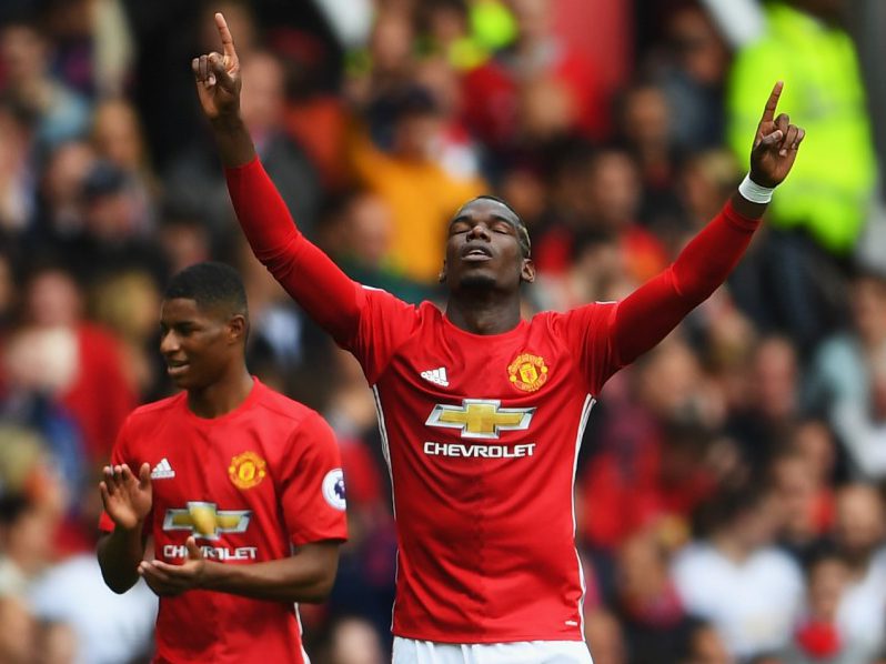  Paul Pogba celebrates after heading in direct from a Daley Blind corner