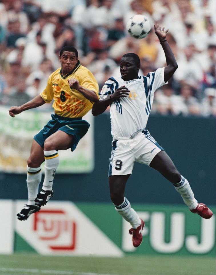  George Weah in action for the World XI against Brazil in a 1996 friendly