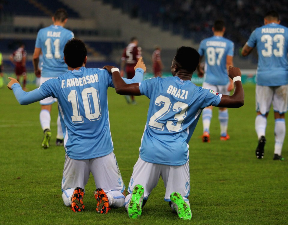  Ogenyi Onazi celebrates a goal with former Lazio team-mate, Felipe Anderson