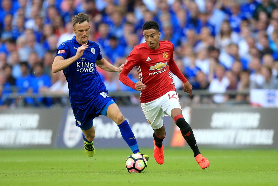 LONDON, ENGLAND - AUGUST 07: Jesse Lingard of Manchester United dribbles past Andy King of Leicester City during The FA Community Shield match between Leicester City and Manchester United at Wembley Stadium on August 7, 2016 in London, England. (Photo by Ben Hoskins/Getty Images)