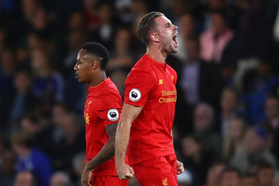  Jordan Henderson celebrates his wonder strike against Chelsea