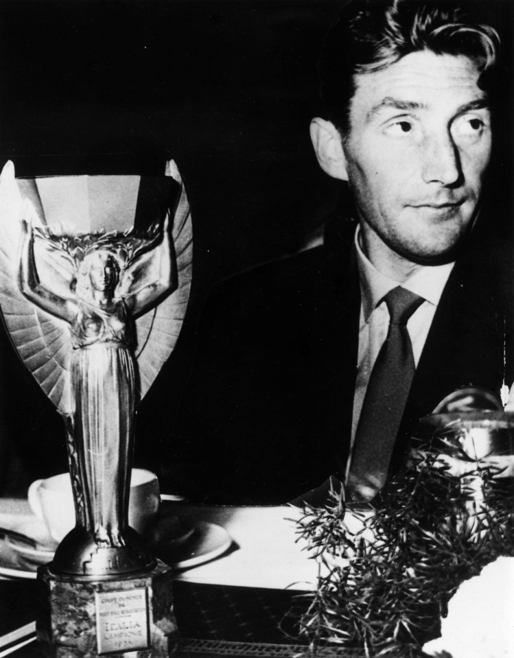  Germany legend, Fritz Walter, with the World Cup he helped claim in 1954