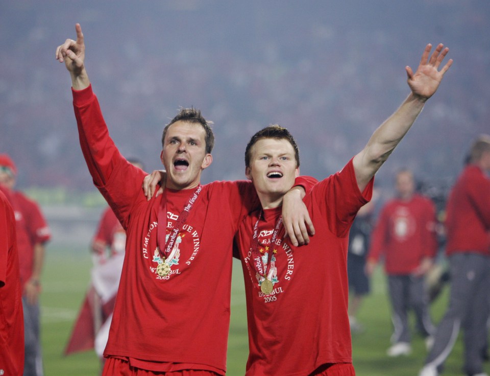 Riise with fellow Liverpool player Dietmar Hamann following their Champions League win against AC Milan in 2005