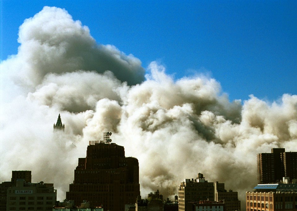 Smoke and ash covers southern Manhattan immediately after the collapse of the north tower 