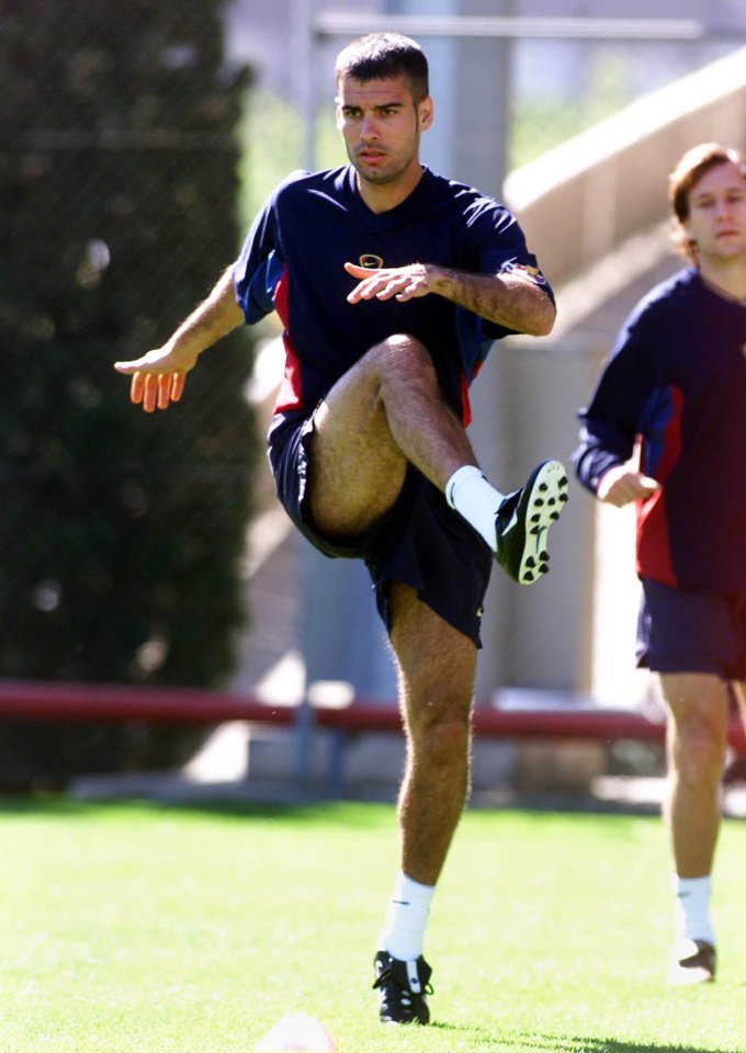 Pep Guardiola, pictured in training for Barcelona in 2001, was a cultured centre midfielder