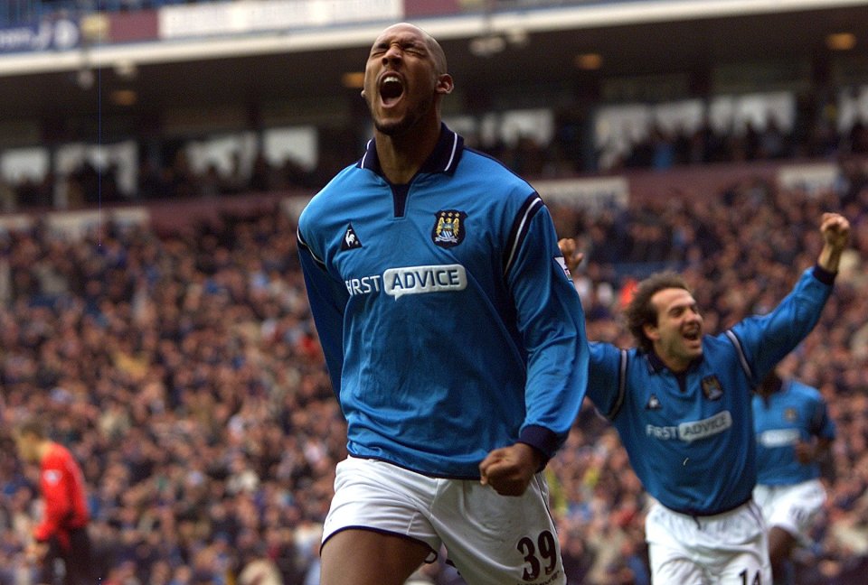  Nicolas Anelka celebrates scoring against Man United in last Maine Road clash