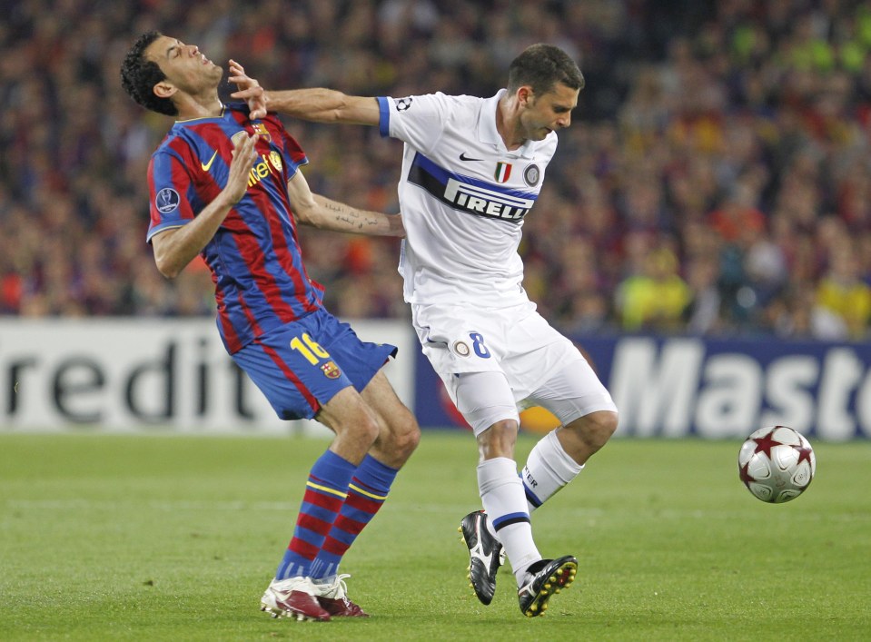 Thiago Motta was sent off for Inter Milan as they reached the Champions League final at the expense of Barcelona in the 2009-10 season