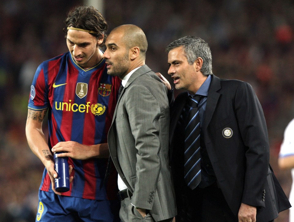 Jose Mourinho attempts to distract Pep Guardiola during Inter Milan v Barcelona tie