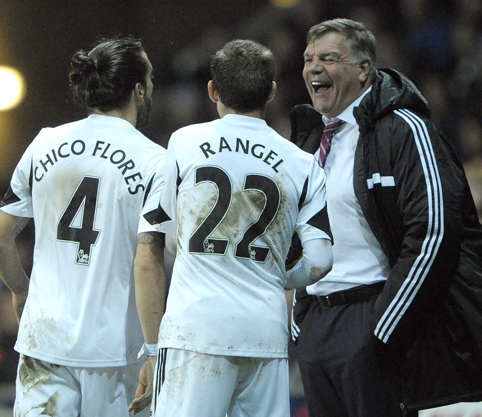  Sam Allardyce laughs at Chico Flores after his theatrics following clash with Carlton Cole