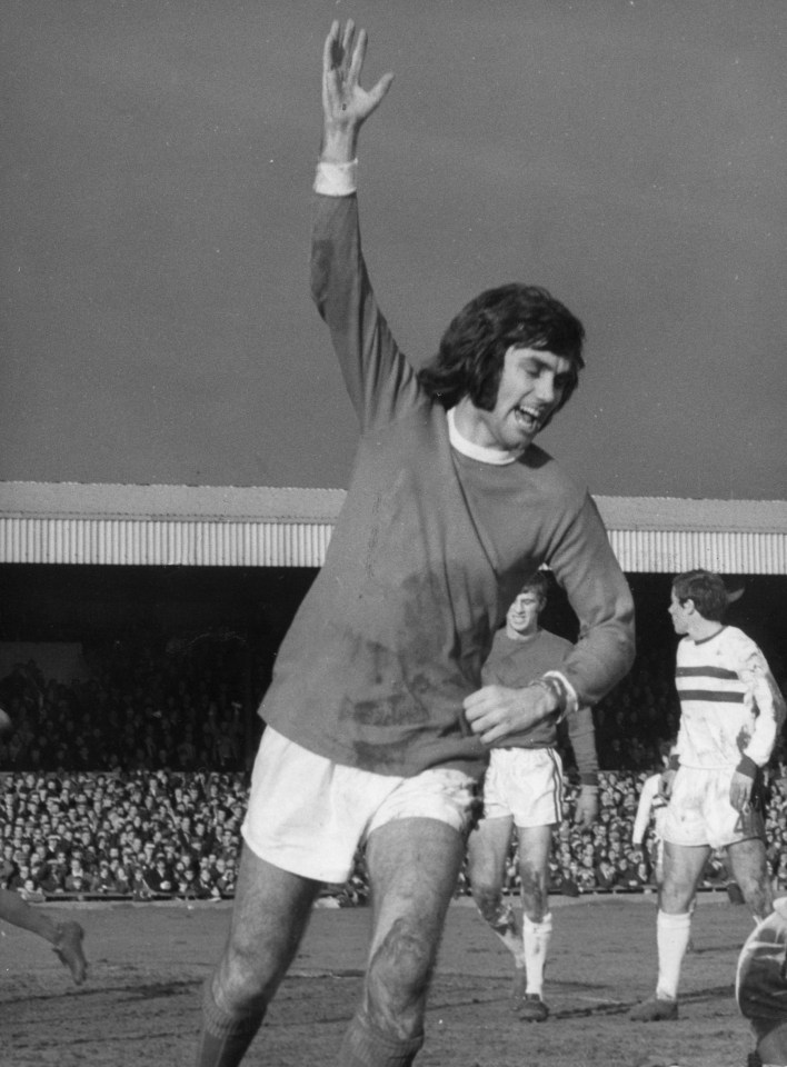 7th February 1970: Manchester United player George Best celebrating after scoring the first goal in the fifth round of the F A Cup against Northampton. (Photo by Michael Webb/Keystone/Getty Images)