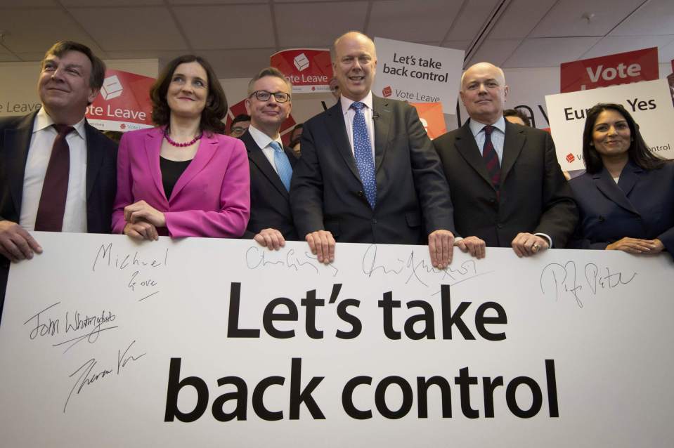 British politicians John Whittingdale, Theresa Villiers, Michael Gove, Chris Grayling, Iain Duncan Smith and Priti Patel pose for a photograph at the launch of the Vote Leave campaign, at the group's headquarters in central London