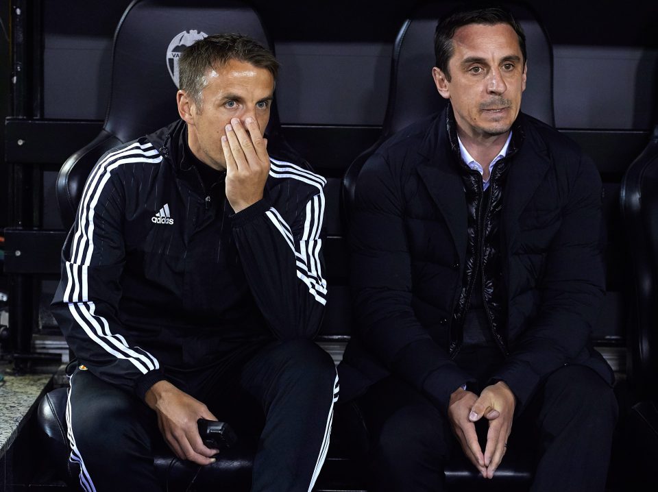  Neville in the Valencia dug-out with his brother Phil