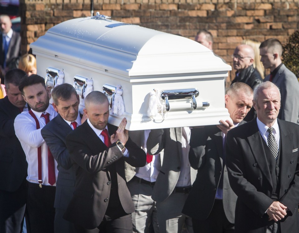  Paige Doherty's coffin is carried out of St Margaret's Church in Clydebank following her funeral