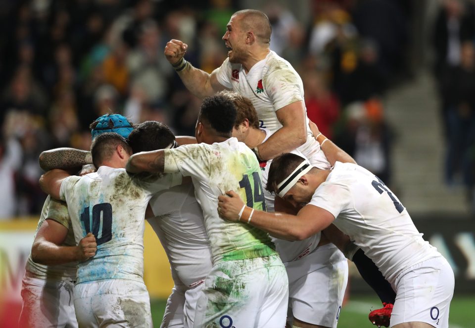 Mike Brown celebrates as Owen Farrell after Owen Farrell bags one of the pivotal tries in the 3-0 series whitewash of Australia Down Under