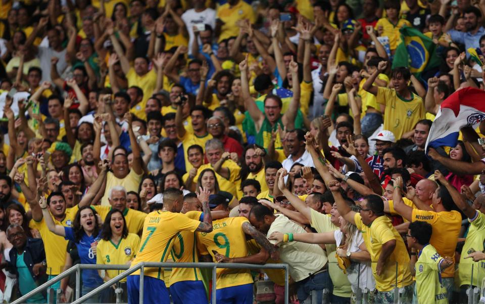  Gabriel Barbosa celebrates scoring against Denmark with Brazil supporters in Rio de Janeiro