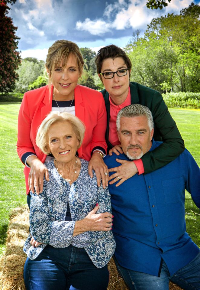  Mel and Sue with GBBO judges Paul Hollywood and Mary Berry