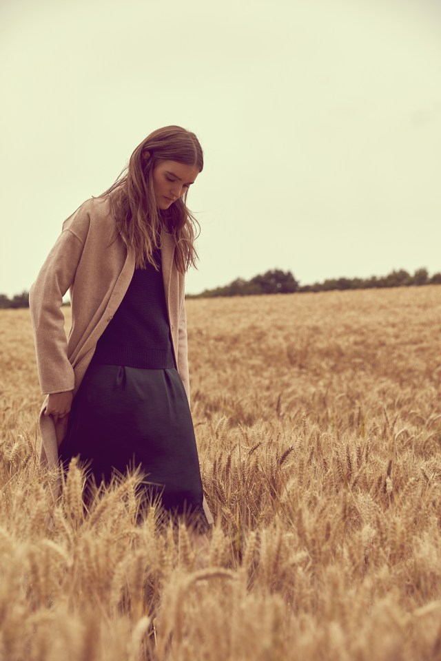  Slip dress, £59; navy jumper, £19.50, both M&S; camel jacket, £89.99, Zara