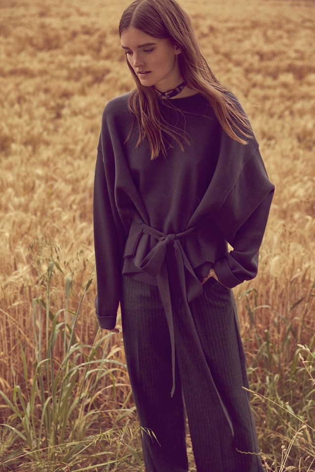  Navy tie-detail jumper, £29.99; choker, £9.99; pinstripe culottes, £29.99, all Zara