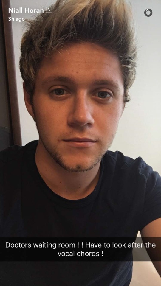  Niall Horan posted this selfie on Snapchat as he waited to see a doctor about his vocal chords