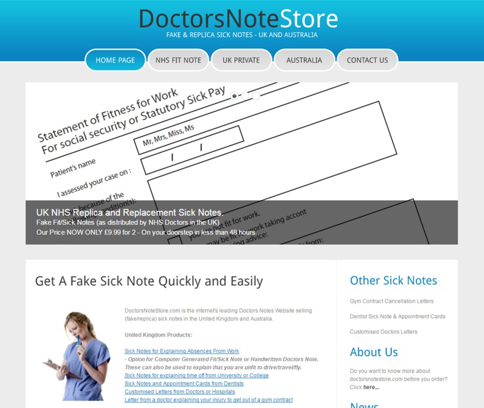  DoctorsNoteStore allows people to make fake doctors sick notes - but says they are be used only as novelty items