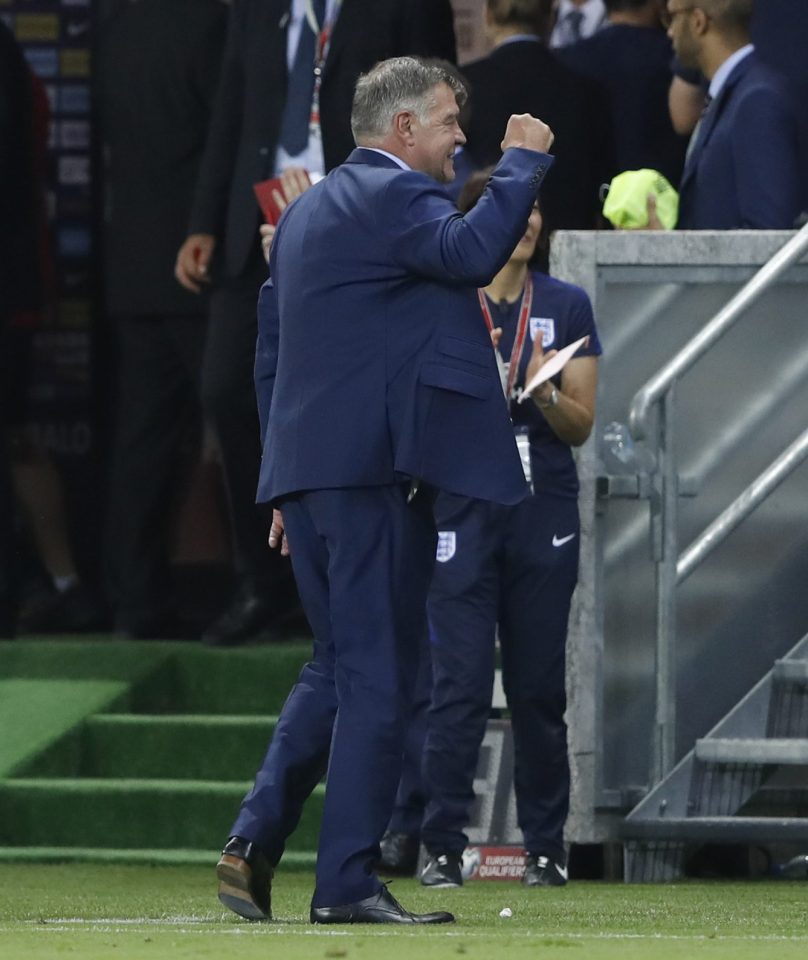  Sam Allardyce punches the air after Adam Lallana struck to earn a late win for England