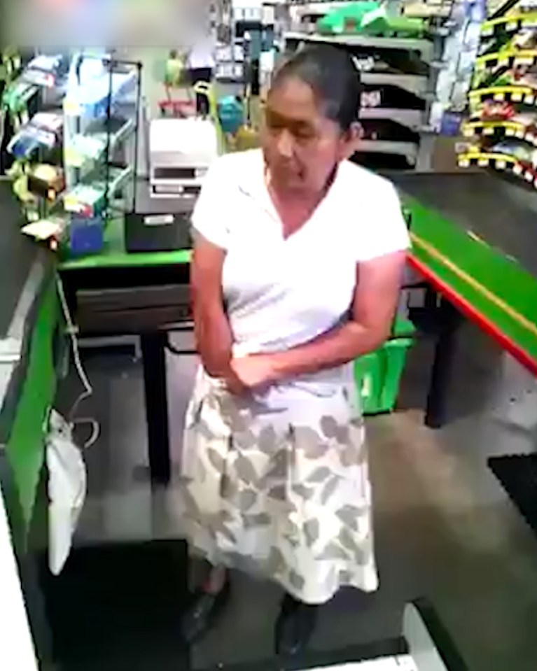  Thieving nan was filmed grabbing goods from her pants at checkout after being caught