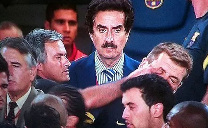 Jose Mourinho famously pokes Tito Vilanova in the eye following heated battle