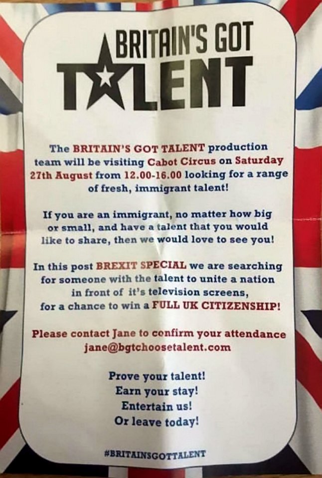  The fake leaflet advertising auditions in Bristol invites entries from a "range of fresh immigrant talent" to take part in a 'post-Brexit' special