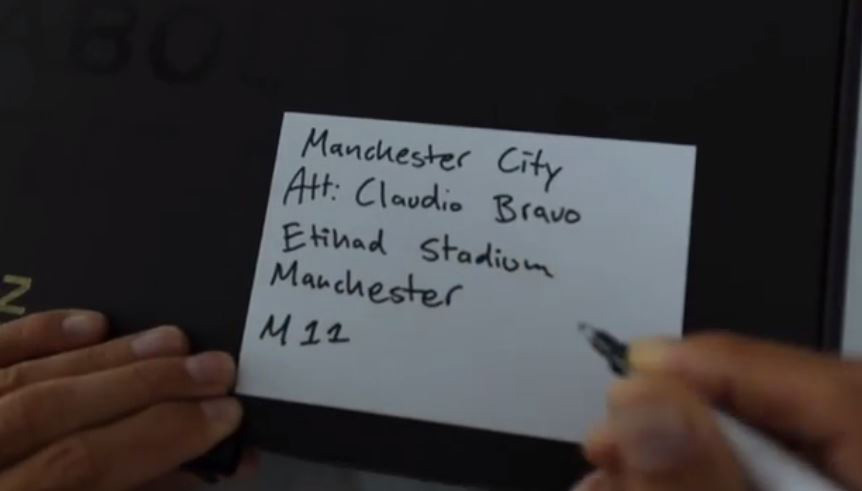 Manchester United striker Zlatan Ibrahimovic then writes out the label addressed to Claudio Bravo at Manchester City