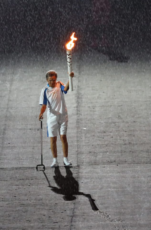  Inspiration ... the extraordinary moment torch-bearer Marcia Malsar pulled herself upright again after collapsing in front of the massed ranks of wheelchairs maed up for the inane commentary of the Last Leggers